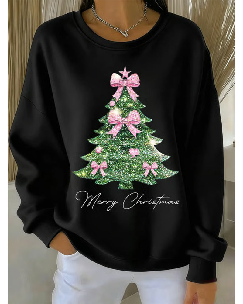 Women's long-sleeve Christmas sweatshirt with a Christmas tree and bow graphic
