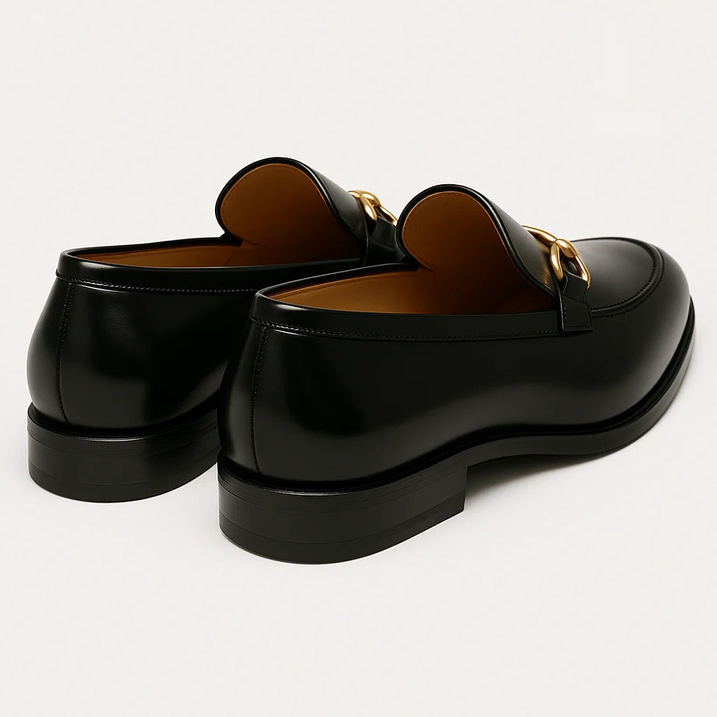 Men's black loafers with gold-tone horsebit detail