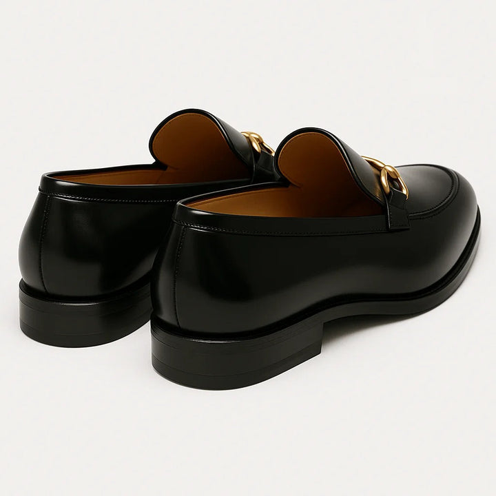 Men's black loafers with gold-tone horsebit detail