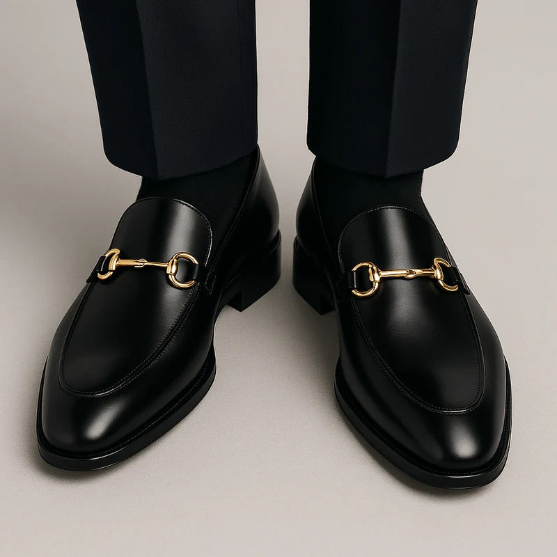 Men's black loafers with gold-tone horsebit detail