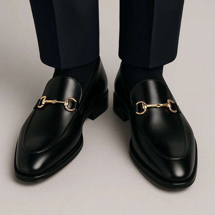 Men's black loafers with gold-tone horsebit detail