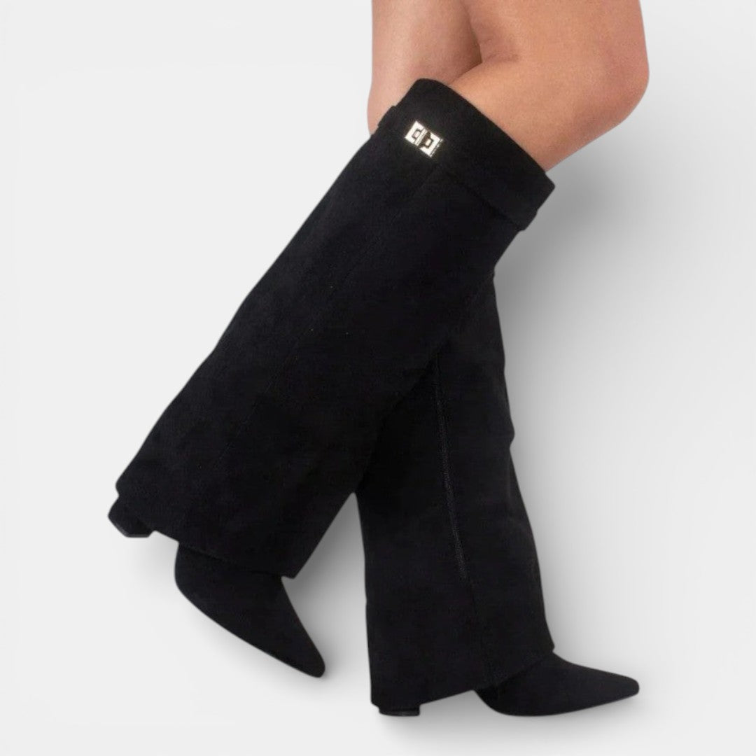 Women's knee-high pointed toe boots with block heels and ankle straps