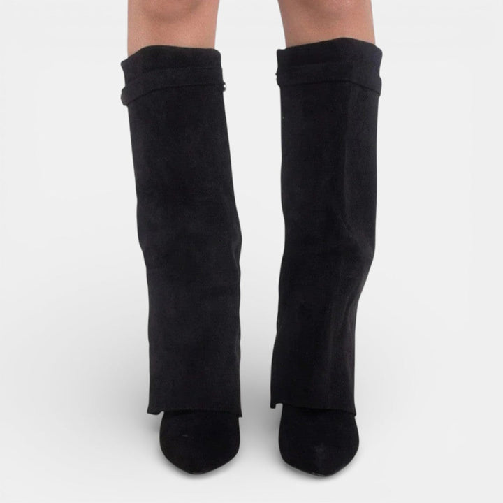 Women's knee-high pointed toe boots with block heels and ankle straps