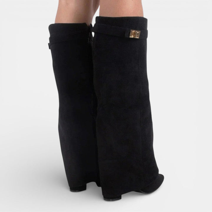 Women's knee-high pointed toe boots with block heels and ankle straps