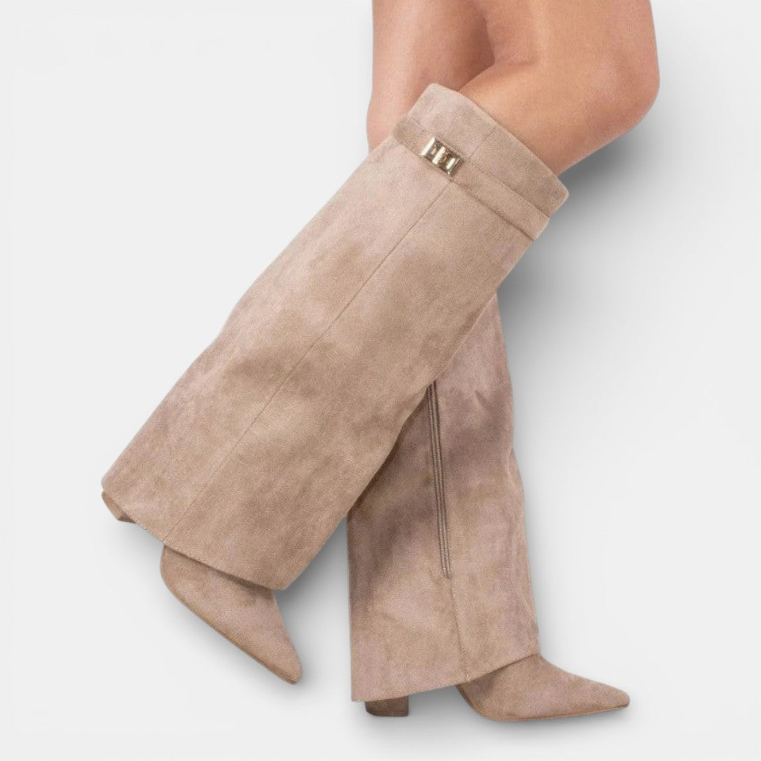 Women's knee-high pointed toe boots with block heels and ankle straps