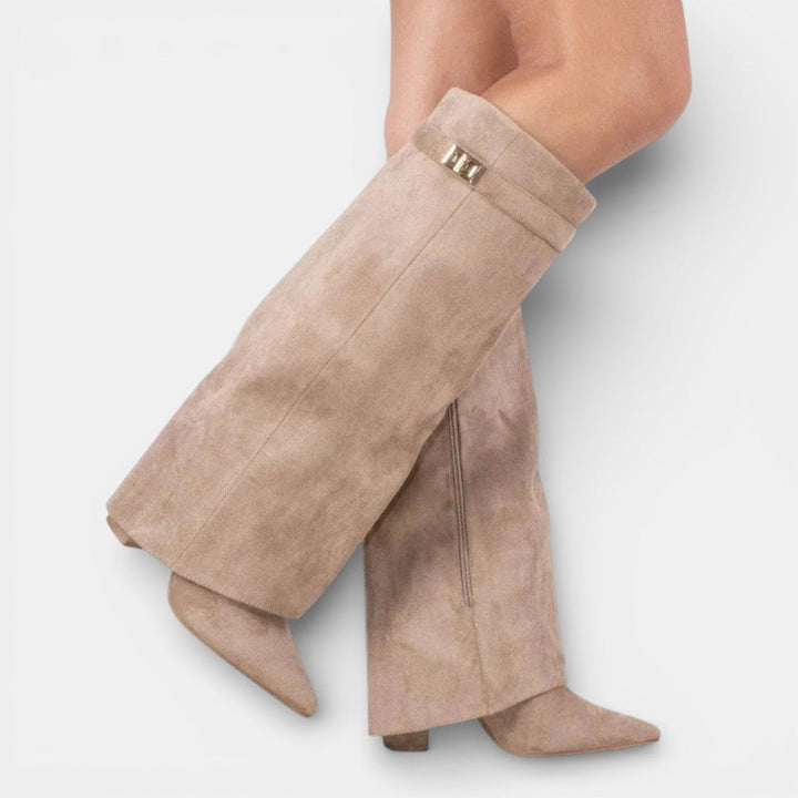 Women's knee-high pointed toe boots with block heels and ankle straps