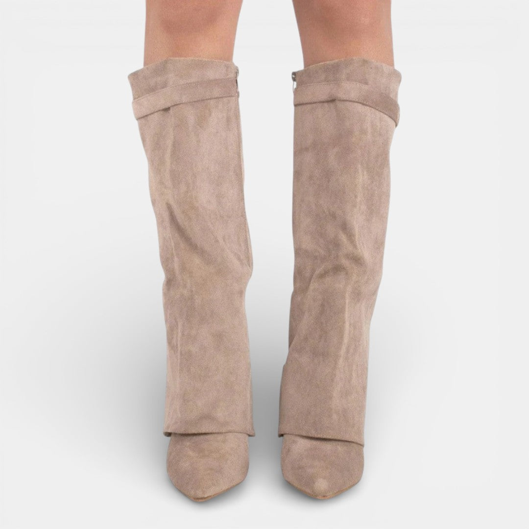Women's knee-high pointed toe boots with block heels and ankle straps