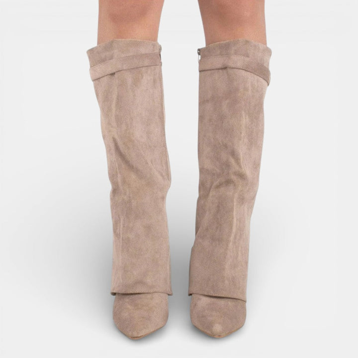 Women's knee-high pointed toe boots with block heels and ankle straps