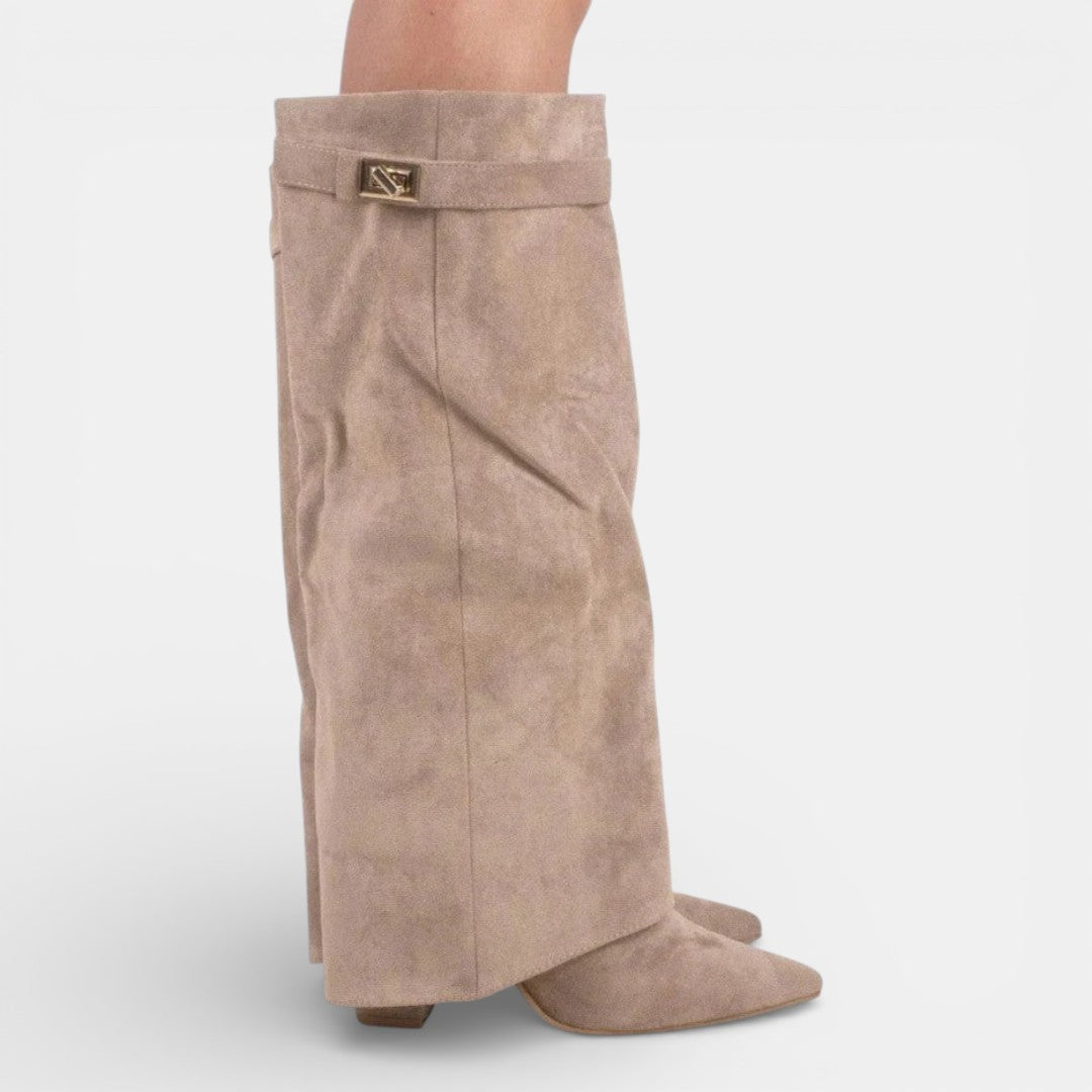 Women's knee-high pointed toe boots with block heels and ankle straps