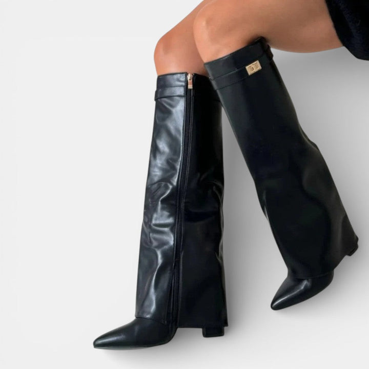 Women's knee-high pointed toe boots with block heels and ankle straps
