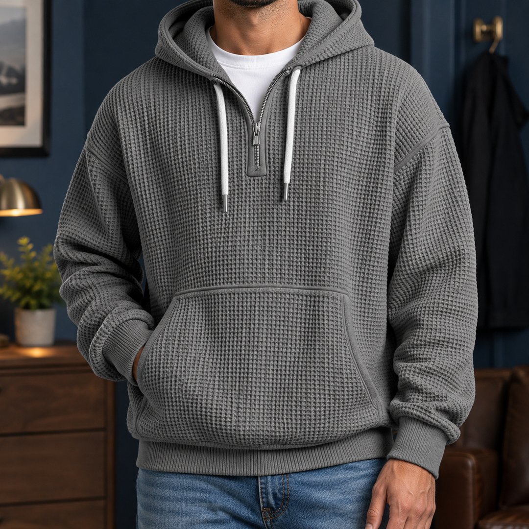 Men's textured waffle hoodie with hood, zip neckline and kangaroo pocket