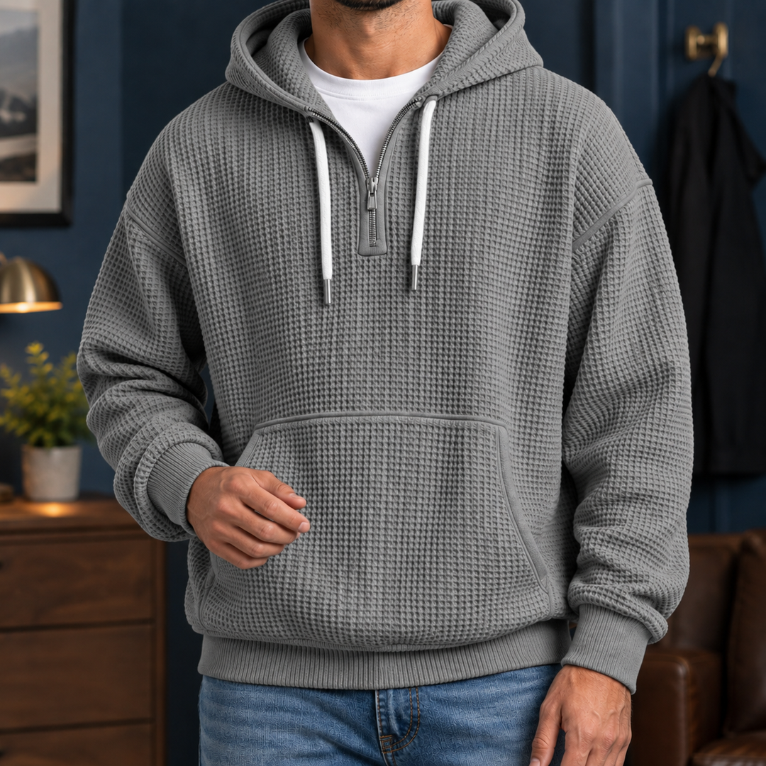 Men's textured waffle hoodie with hood, zip neckline and kangaroo pocket