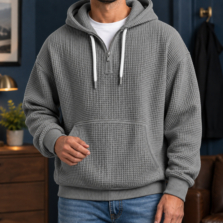 Men's textured waffle hoodie with hood, zip neckline and kangaroo pocket
