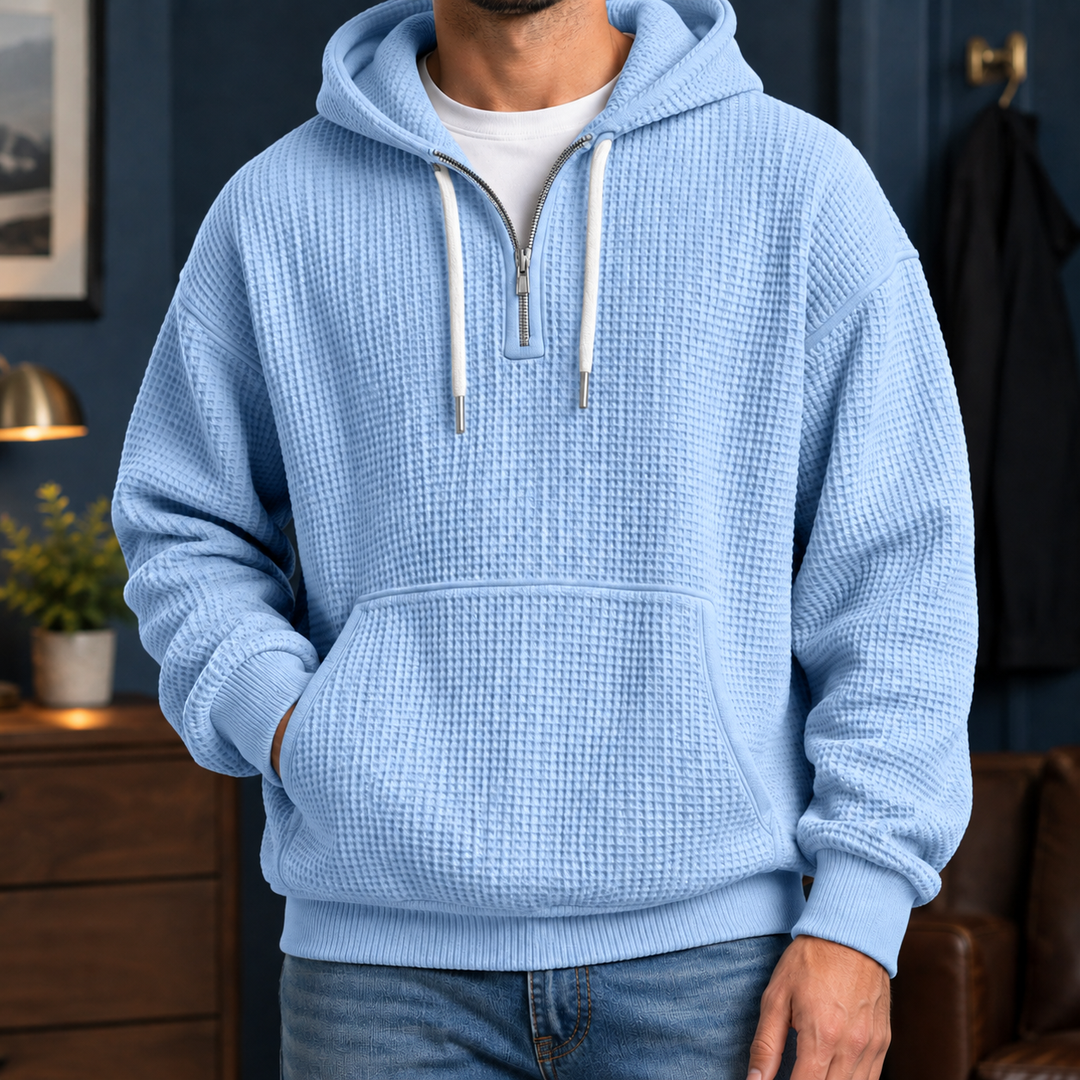Men's textured waffle hoodie with hood, zip neckline and kangaroo pocket