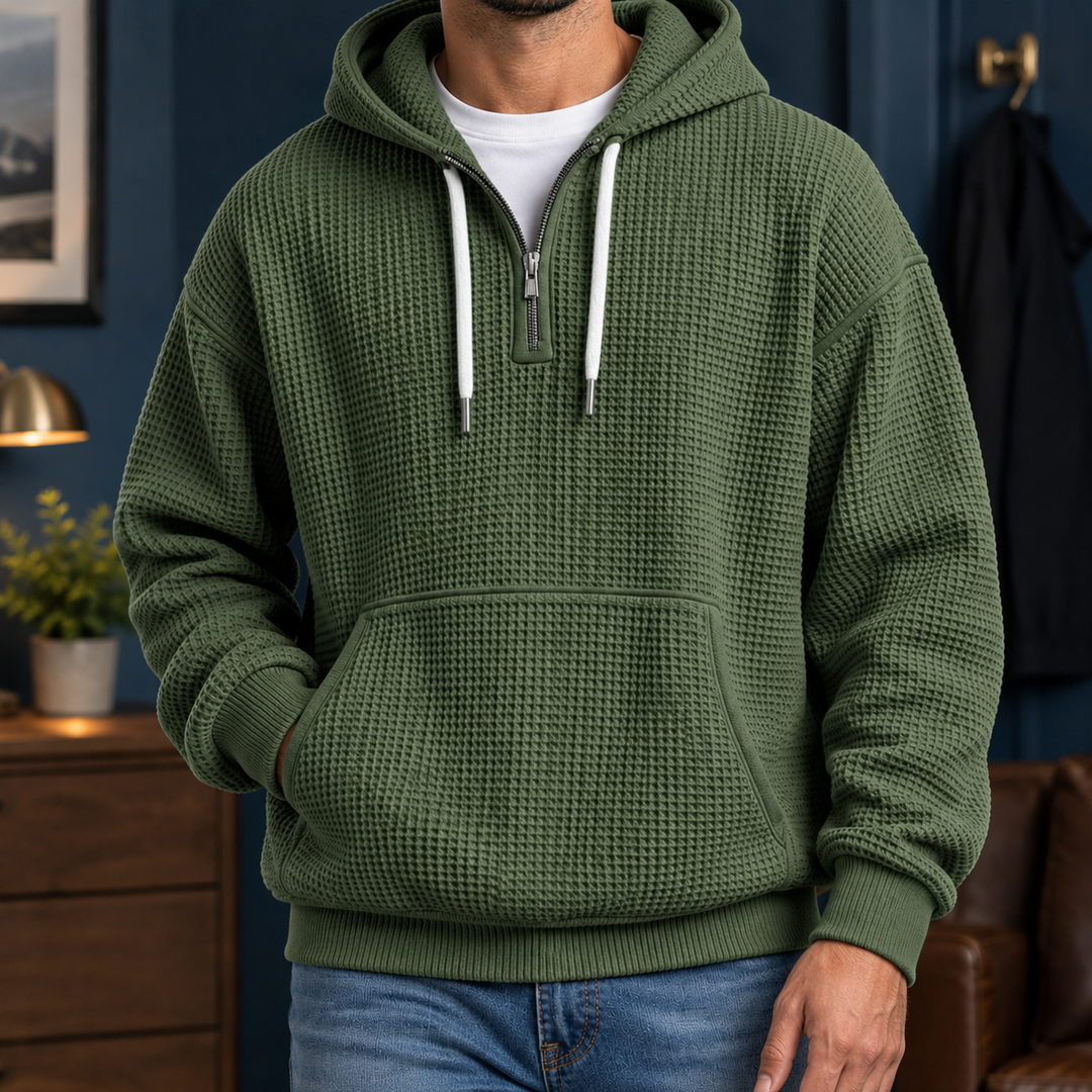 Men's textured waffle hoodie with hood, zip neckline and kangaroo pocket