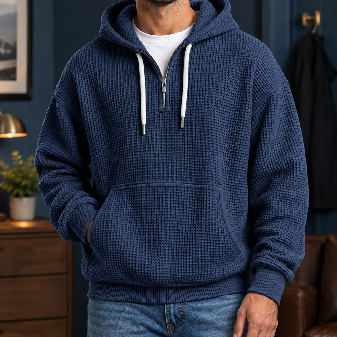 Men's textured waffle hoodie with hood, zip neckline and kangaroo pocket