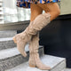 Women's slouch knee high boots with low heel, side zip and decorative straps
