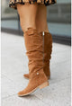 Women's slouch knee high boots with low heel, side zip and decorative straps