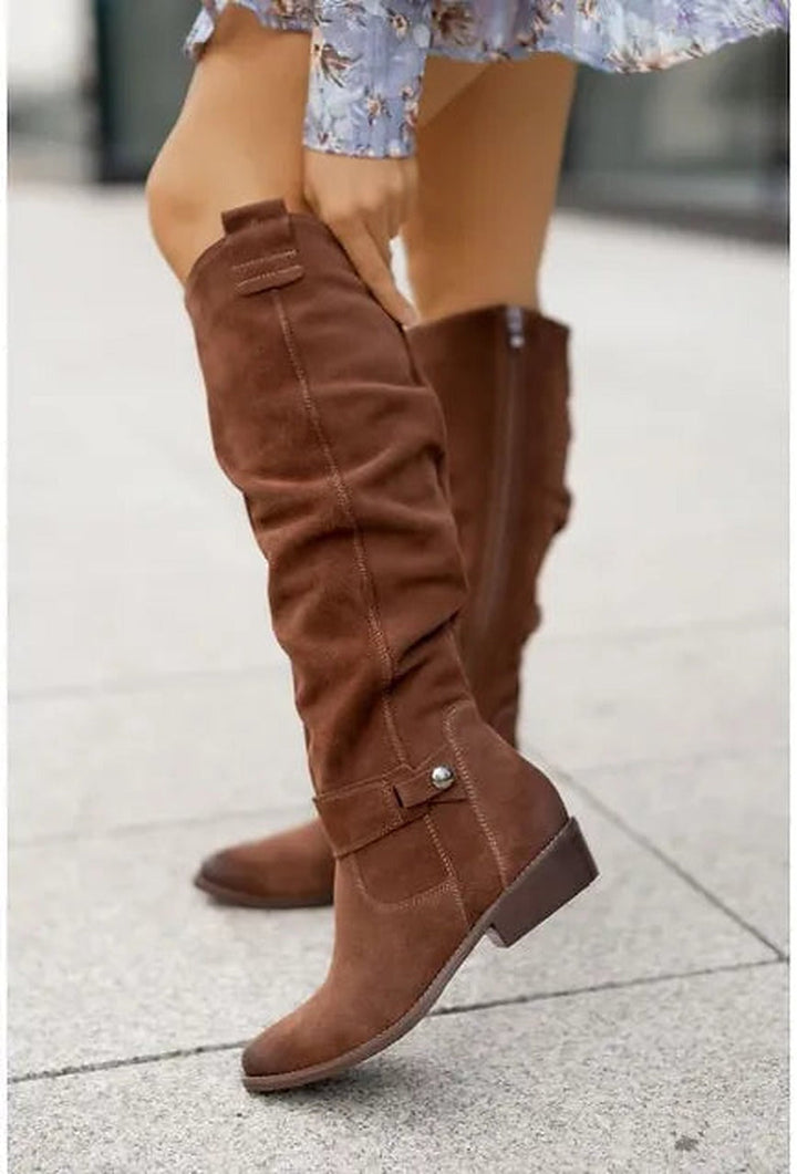 Women's slouch knee high boots with low heel, side zip and decorative straps