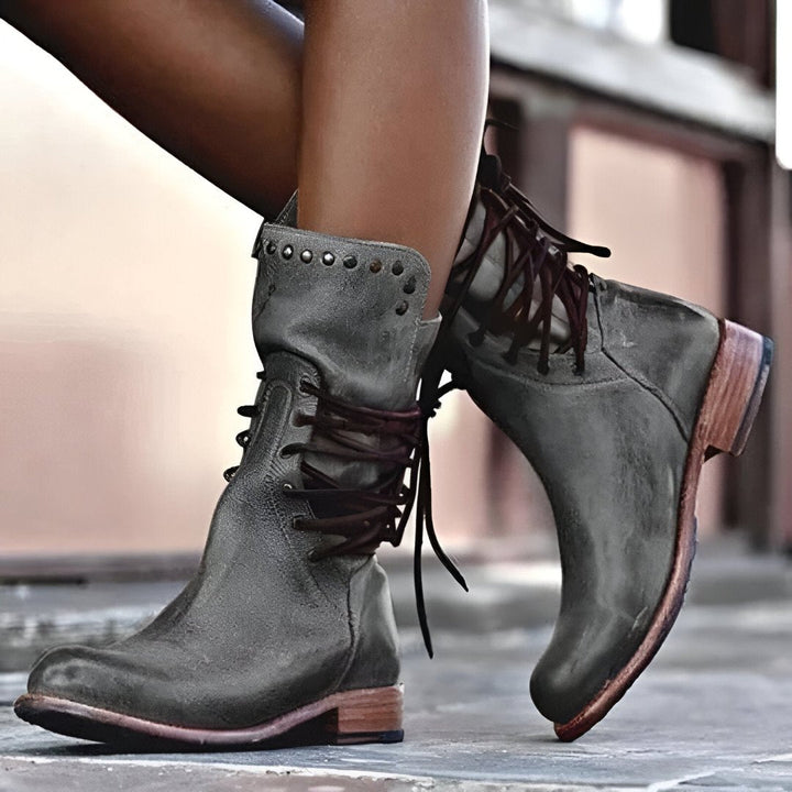 Women's lace-up ankle boots with round toe, low block heel and studded trim
