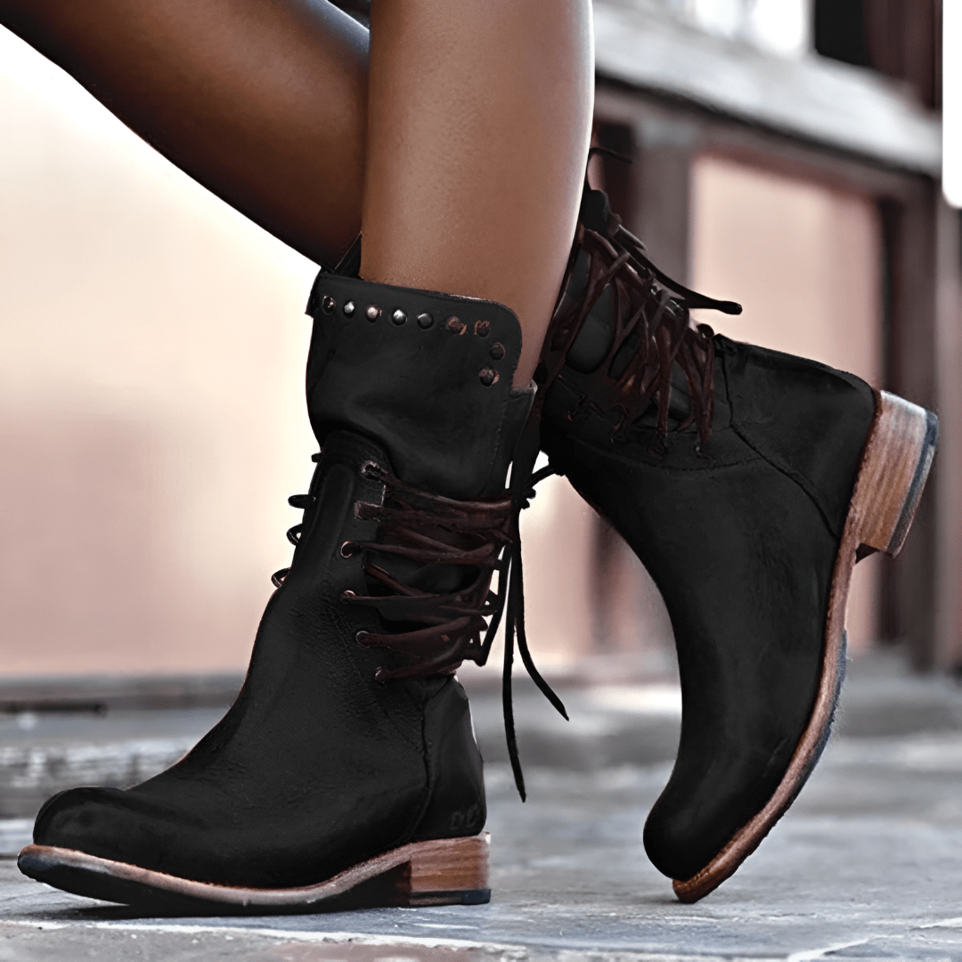 Women's lace-up ankle boots with round toe, low block heel and studded trim