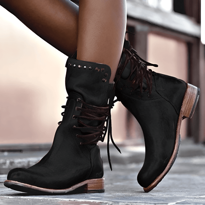 Women's lace-up ankle boots with round toe, low block heel and studded trim