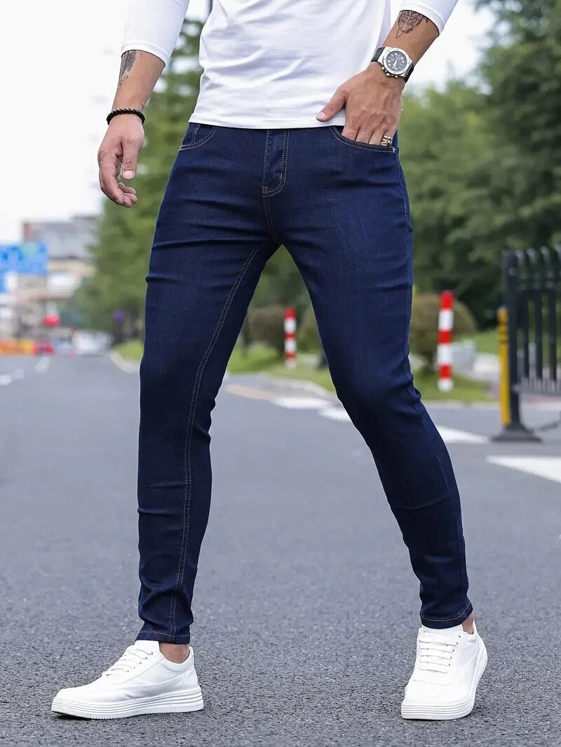 Men's slim fit jeans with five-pocket design and tapered legs