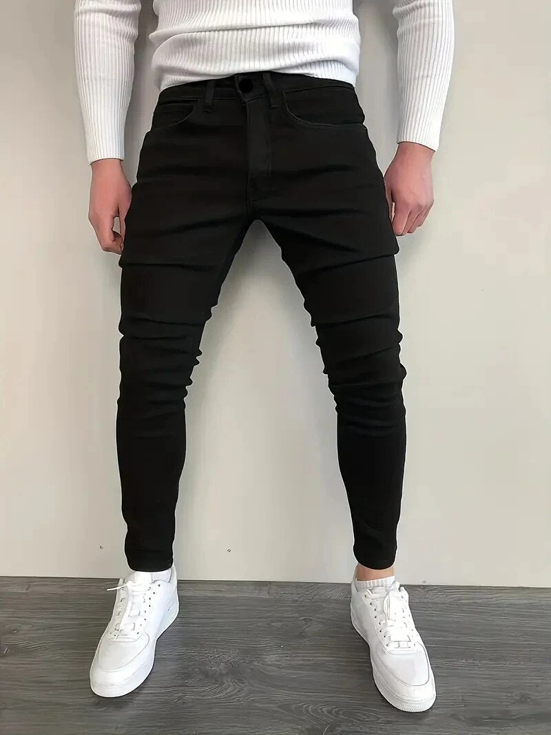 Men's slim fit jeans with five-pocket design and tapered legs