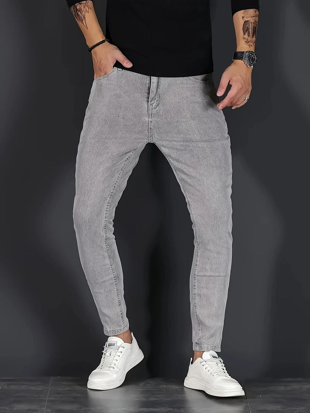 Men's slim fit jeans with five-pocket design and tapered legs
