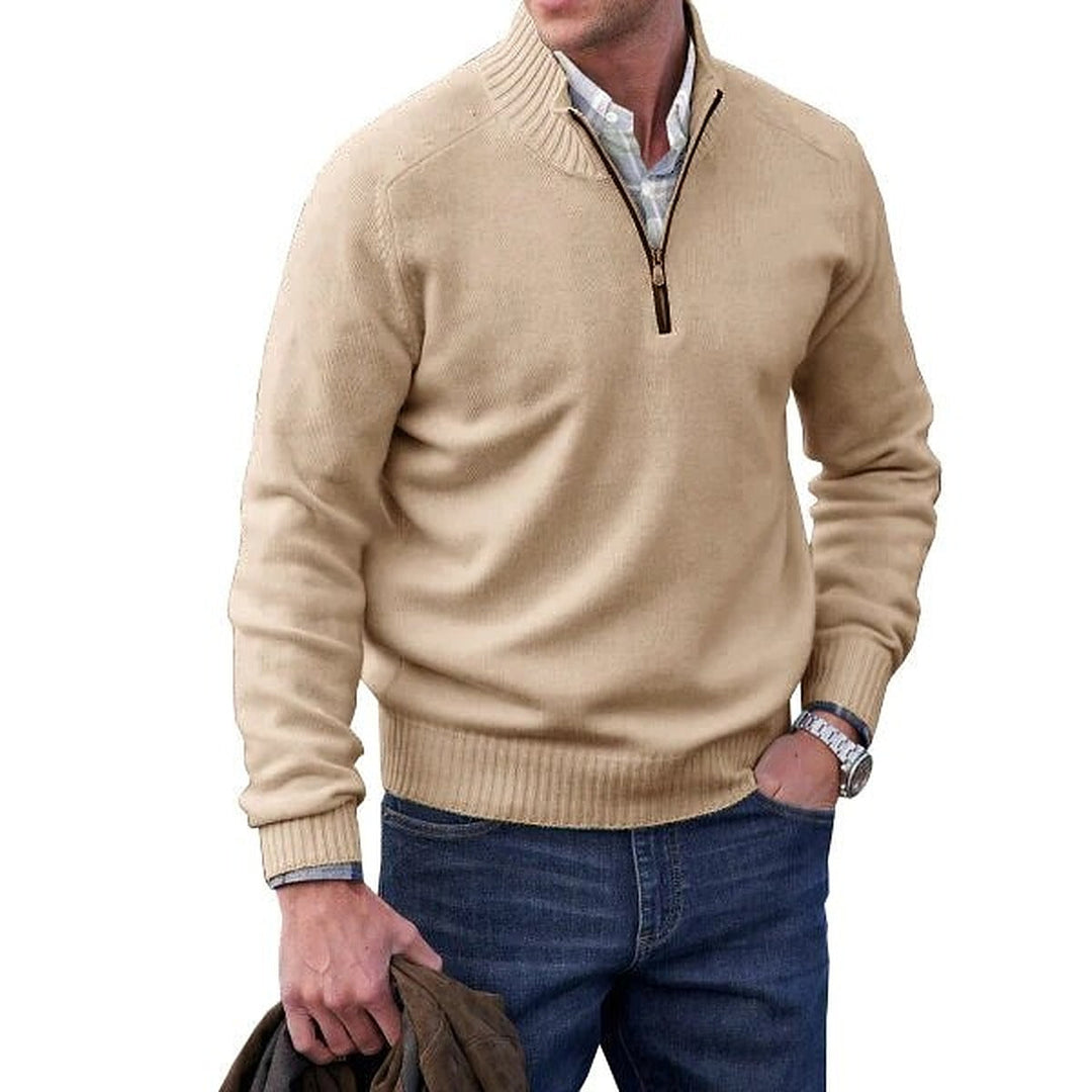 Men's long-sleeve mock neck sweater with quarter-zip neckline