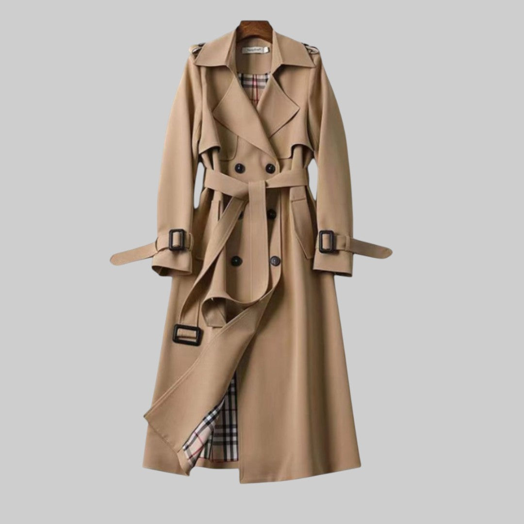 Women's double-breasted belted trench coat with buckle cuffs