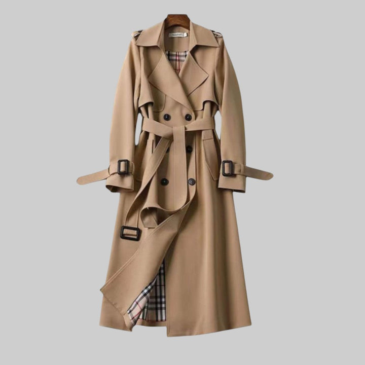 Women's double-breasted belted trench coat with buckle cuffs