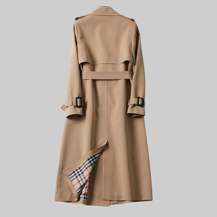 Women's double-breasted belted trench coat with buckle cuffs