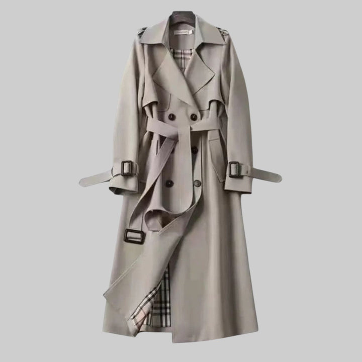 Women's double-breasted belted trench coat with buckle cuffs