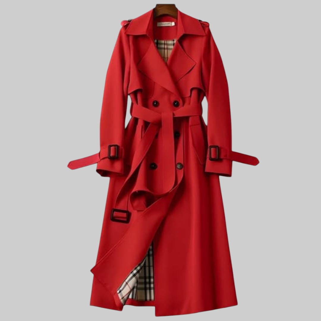 Women's double-breasted belted trench coat with buckle cuffs