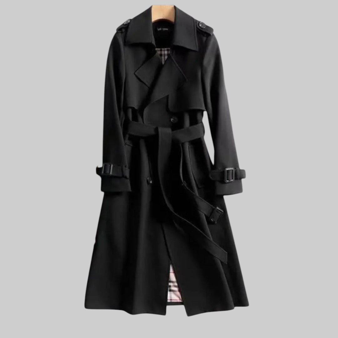 Women's double-breasted belted trench coat with buckle cuffs
