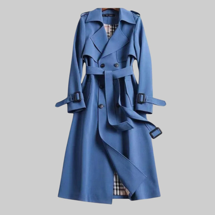 Women's double-breasted belted trench coat with buckle cuffs