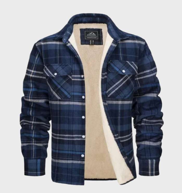 Men's checked long-sleeve overshirt jacket with fleece lining and chest pockets