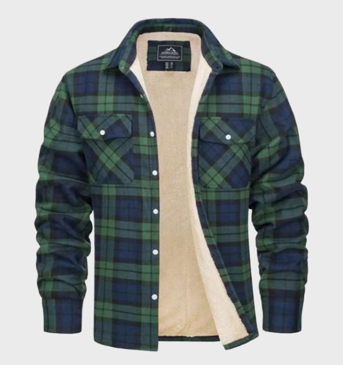 Men's checked long-sleeve overshirt jacket with fleece lining and chest pockets