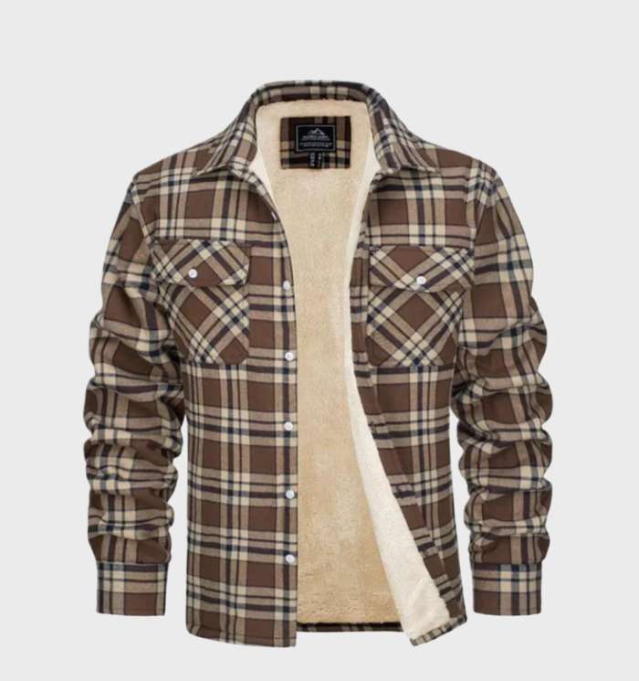 Men's checked long-sleeve overshirt jacket with fleece lining and chest pockets