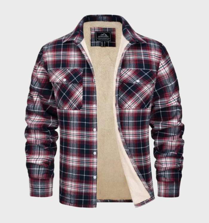 Men's checked long-sleeve overshirt jacket with fleece lining and chest pockets