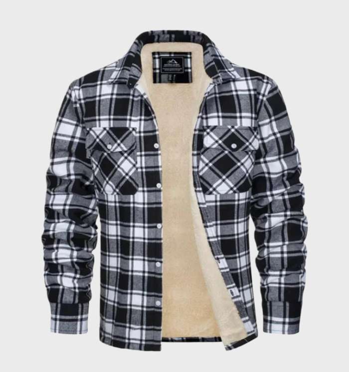 Men's checked long-sleeve overshirt jacket with fleece lining and chest pockets