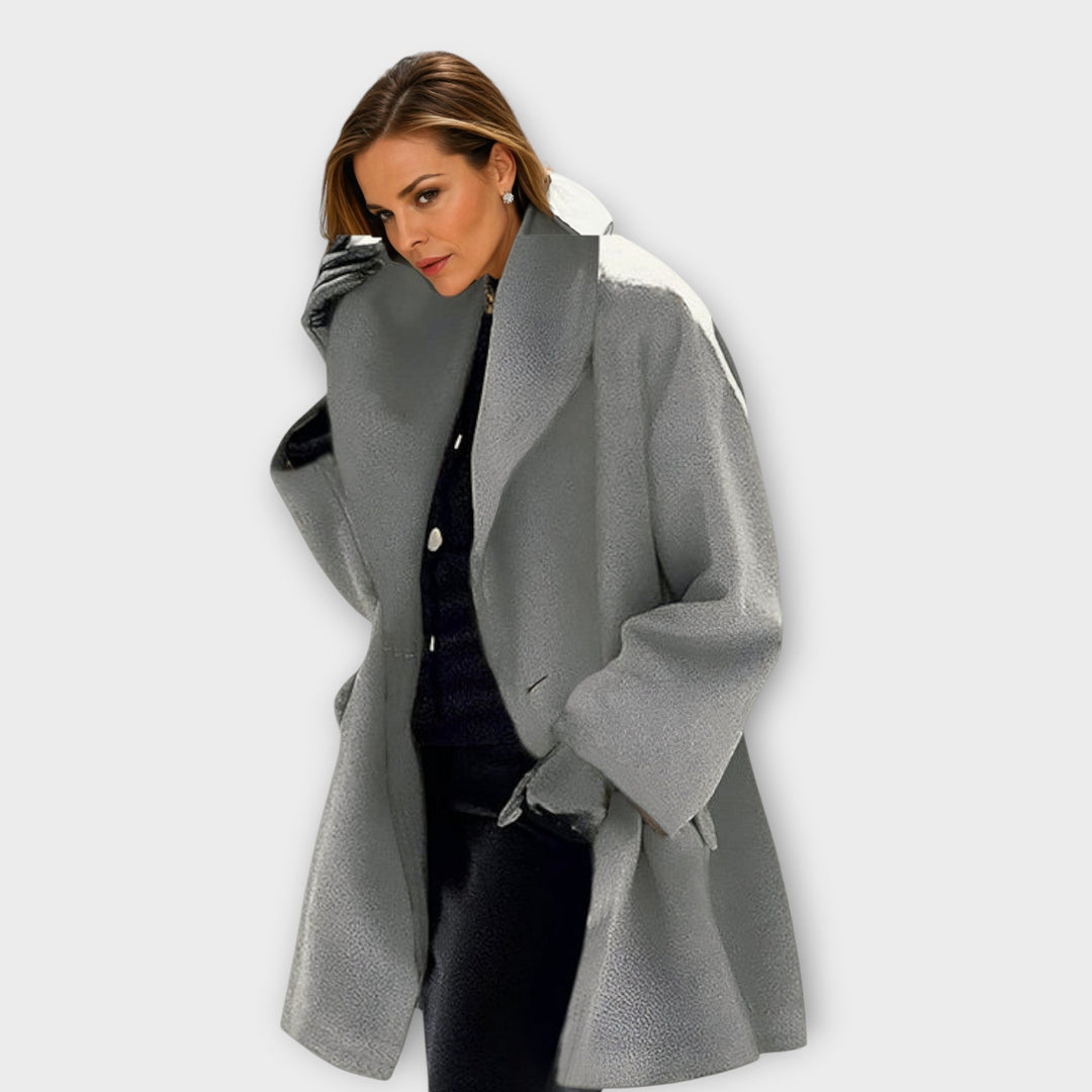 Women's long-sleeved high-collar jacket with front buttons and angled pockets
