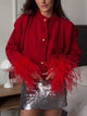 Women's cropped cardigan with feather-trimmed cuffs and button front