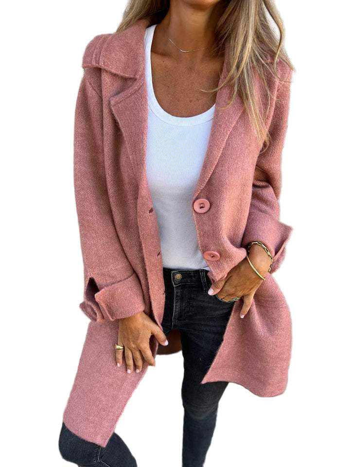 Women's long button-front coat with notched lapels and patch pockets