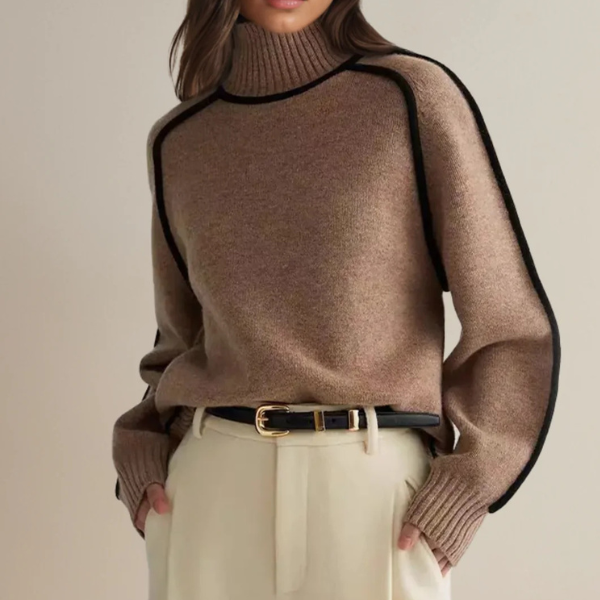 Women's high neck knitted jumper with ribbed trims and contrast piping