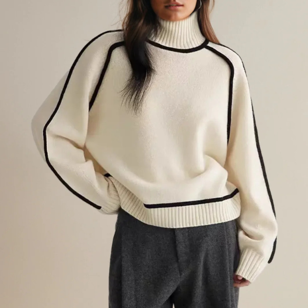 Women's high neck knitted jumper with ribbed trims and contrast piping