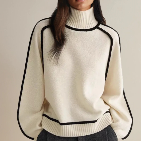 Women's high neck knitted jumper with ribbed trims and contrast piping