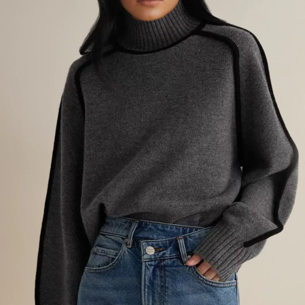 Women's high neck knitted jumper with ribbed trims and contrast piping