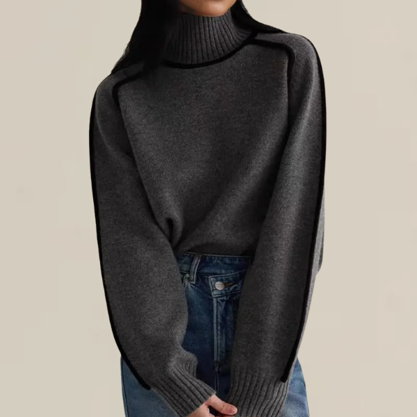 Women's high neck knitted jumper with ribbed trims and contrast piping